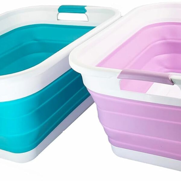 41L (10 8 gallon) Collapsible Plastic Laundry Basket   Foldable Pop Up Storage Container/Organizer   Portable Washing Tub   Space Saving (Rectangular, Ceramic Blue+Pale Purple (Set of 2))