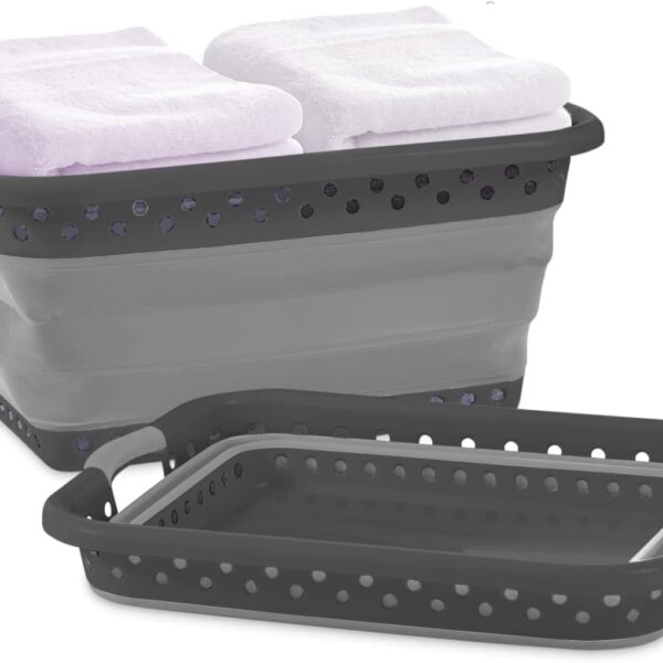 Pop & Load Collapse & Store 1 Large 25" Slim Collapsible Plastic Laundry Basket, Space Saving Portable Pop Up Storage & Organization Basket, 3" High When Folded, Dual Comfort Grip Handles, Black
