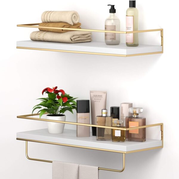 White Floating Shelves   Set of 2, Wall Mounted Hanging Shelves with Golden Towel Rack, Decorative Storage Shelves for Bathroom, Kitchen, Living Room & Bedroom (White Gold, 15 7 Inches)