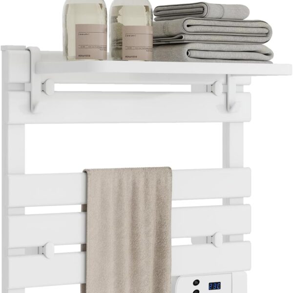 Heated Towel Warmer Rack with Storage Rack and Built in Timer for Bathroom, Wall Mounted & Freestanding 5 Bar Aluminum Electric Towel Heater with IP34 Waterproof, 131℉ Constant Temperature