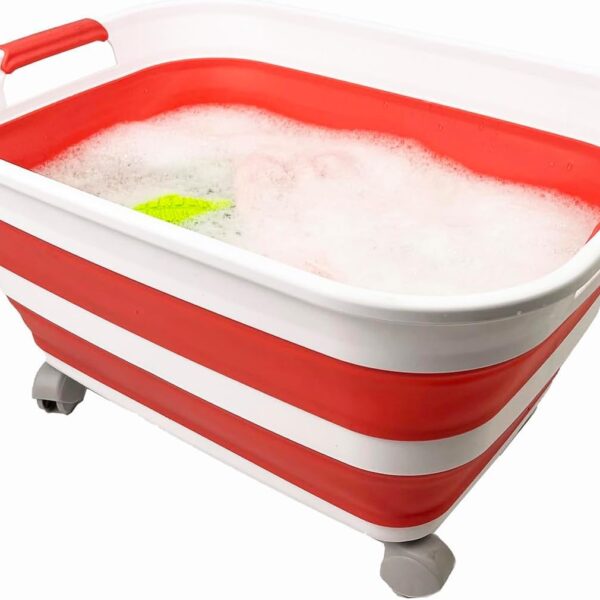 27L (7 1 Gallons) Collapsible Plastic Laundry Basket with Handle  Foldable Pop Up Storage Basket  Space Saving (1, White/Coral Pink (w/wheel))