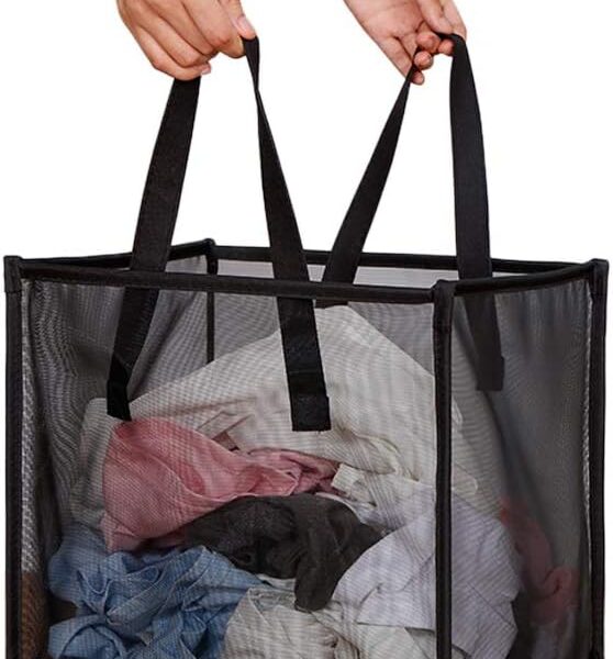 Laundry Bags Hamper Bag with Handles,Portable &Collapsible Dirty Clothes Mesh Basket Foldable for Washing Storage, Kids Room,Dorm or Travel (Black, Single Layer)