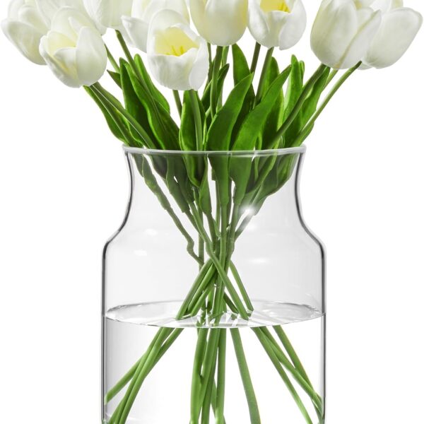 Clear Glass Vase, Large Flower Vase, 8 inch Glass Flower Vase for Plants, Wide Mouth Vase for Home, Wedding, Living Room, Dining Table