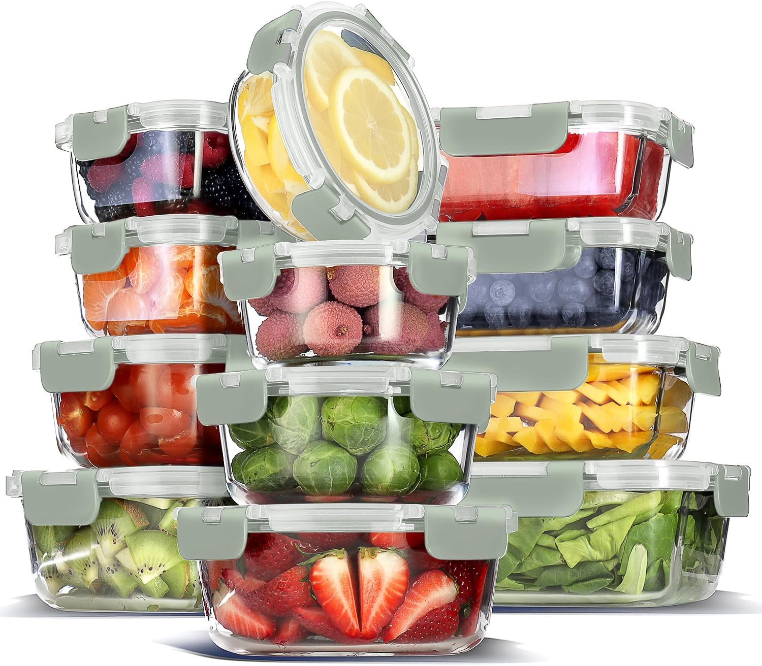 24 Piece glass storage container set with lids—12 glass containers + 12 airtight lids; suitable for pantry and kitchen use
