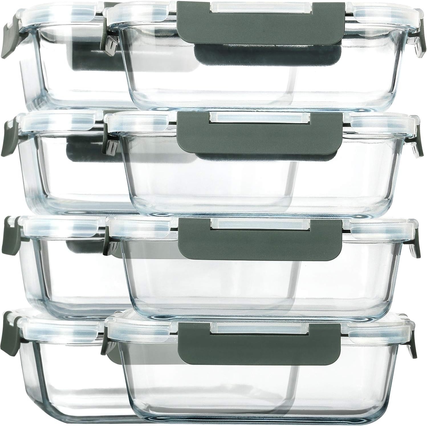 8 Piece Set: 30 oz (approx 887 ml) Glass Food Storage Containers with Lids (Grey)