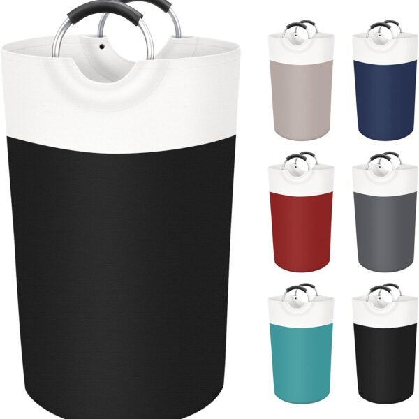 90L Laundry Basket, Freestanding Laundry Hamper, Collapsible Dirty Clothes Hamper, Waterproof Fabric with Foam Protected Aluminum Handles for College, Dorm, Family (Black)