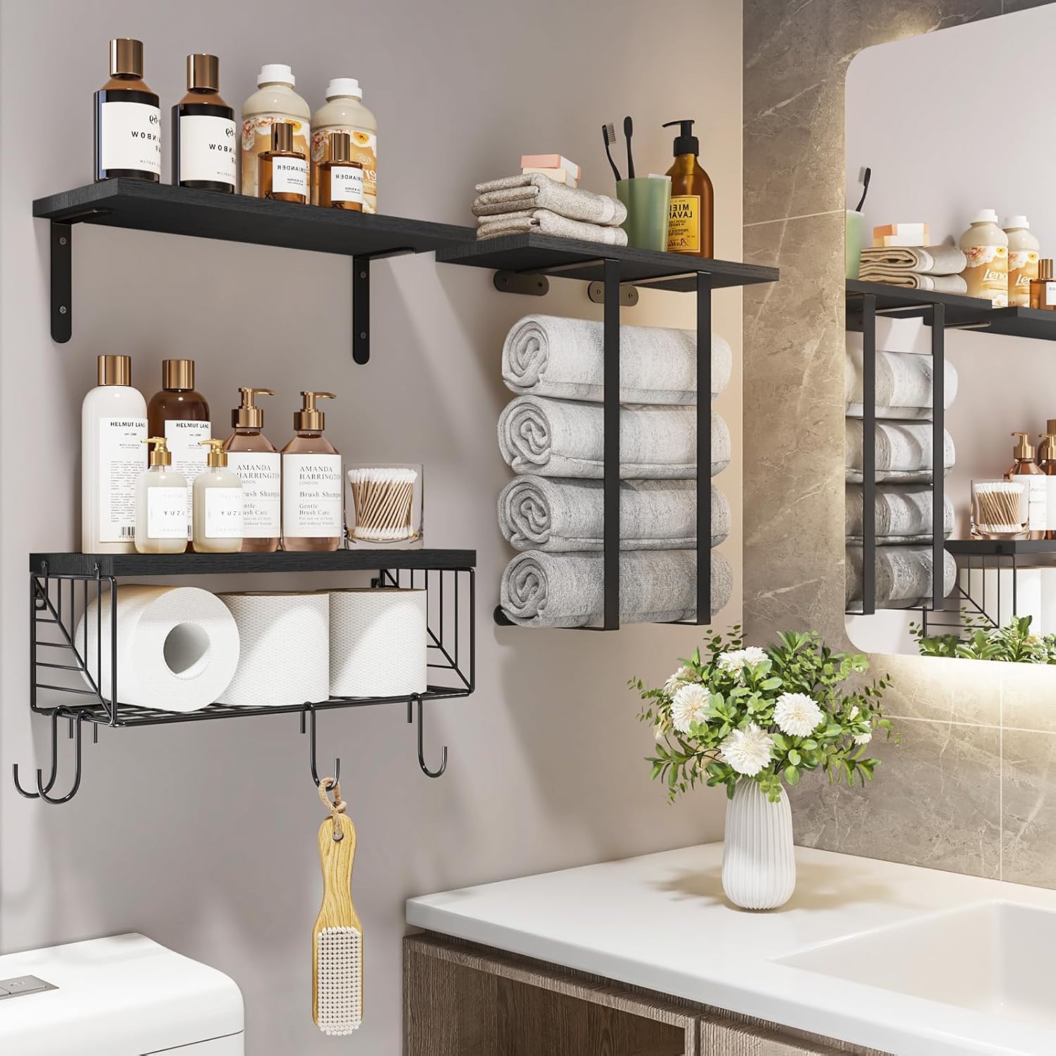 Bathroom Floating Shelves Over Toilet Wall Shelves Set with Towel Storage Rack for Bathroom Organization & Wall Decor(Black) Image 2