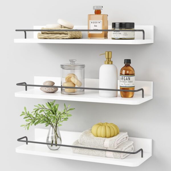 White Floating Shelves Bathroom Shelves Over Toilet Set of 3, Bathroom Organizers and Storage Shelves Wall Mounted, Modern Wood Corner Wall Shelf for Bedroom Closet  White and Dark Grey