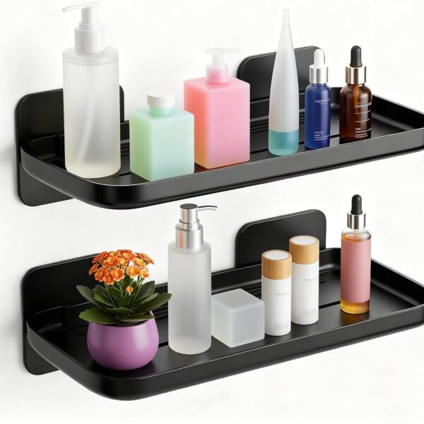 2pc Wall Mounted Floating Shelf, Small Storage Rack with Edge Design, No Drill Shelves for Wall, Floating Shelves Damage Free Expand Walls Space for Living Room Kitchen Bathroom (Black)