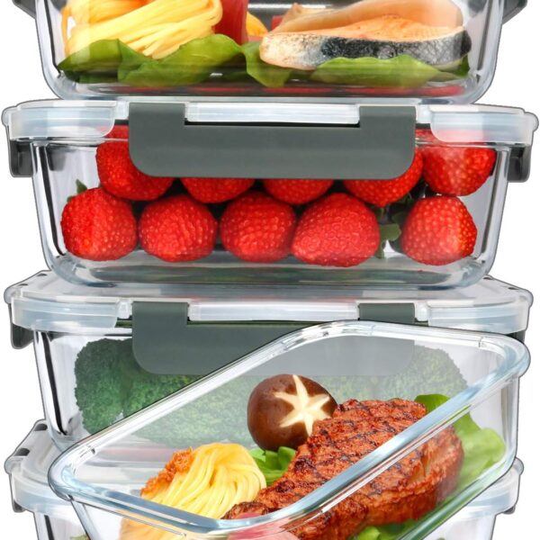5 Piece Set: 36 oz (approx  1065 ml) Glass Food Storage Containers with Lids (4 5 Cup Capacity, Grey)
