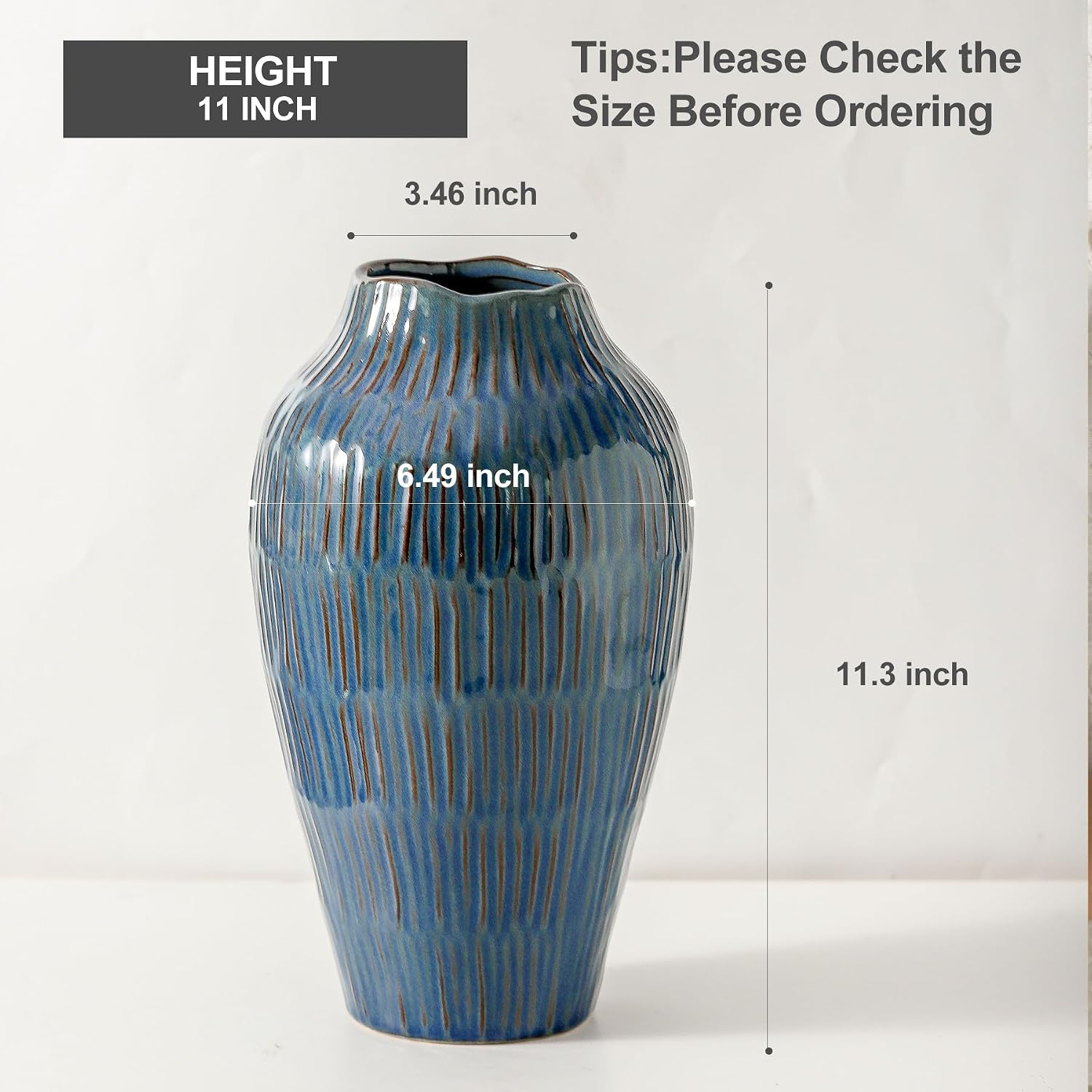 Blue Ceramic Vase for Home Decor,11 6 Inch Flower Vase,Decorative Vases for Pampas Grass,Modern Art Texture Vases for Home Entryway Living Room Dining Table Farmhouse Office Decor Blue Image 2