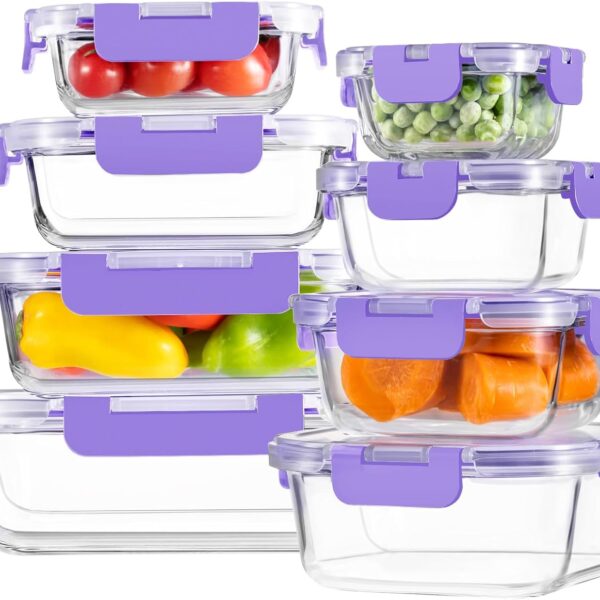 8 Piece Set: Glass Food Storage Containers with Locking Lids (Ideal for Meal Prep)
