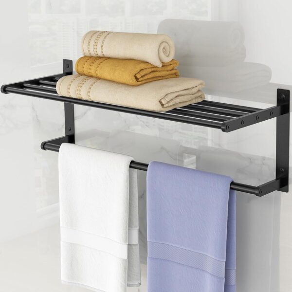24 Inch Towel Racks for Bathroom, 2 Tire Bathroom Shelf with Towel Bar, Rustproof Wall Mounted Towel Rack Stainless Steel, Bathroom Accessories Lavatory Towel Storage Black