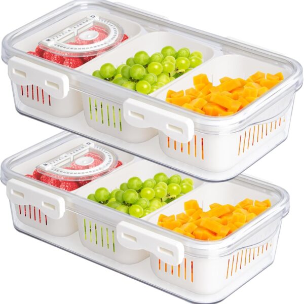 Refrigerator Storage Container, Portable, 3 Compartment Storage Box with Lid   Suitable for Refrigerator