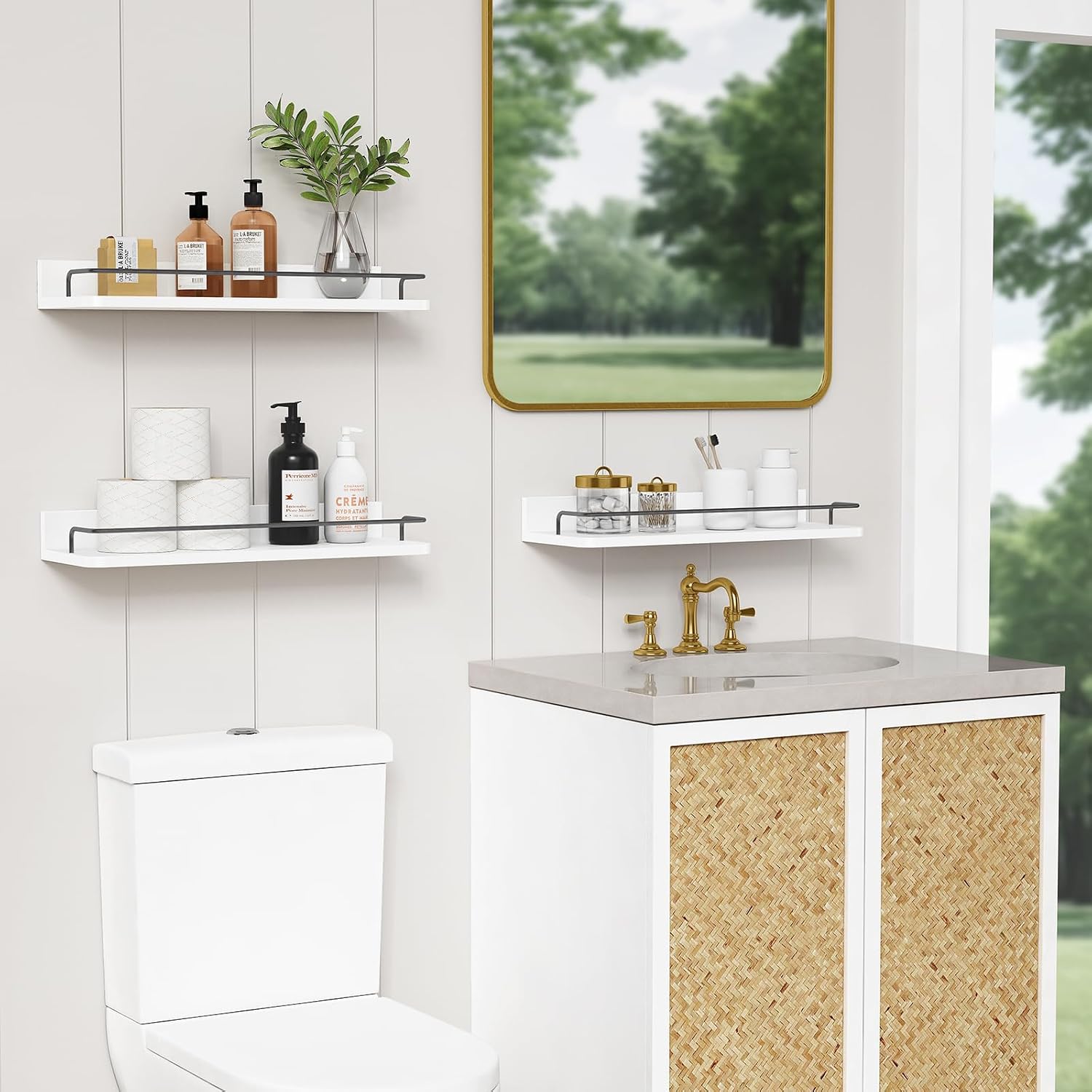 White Floating Shelves Bathroom Shelves Over Toilet Set of 3, Bathroom Organizers and Storage Shelves Wall Mounted, Modern Wood Corner Wall Shelf for Bedroom Closet White and Dark Grey Image 2
