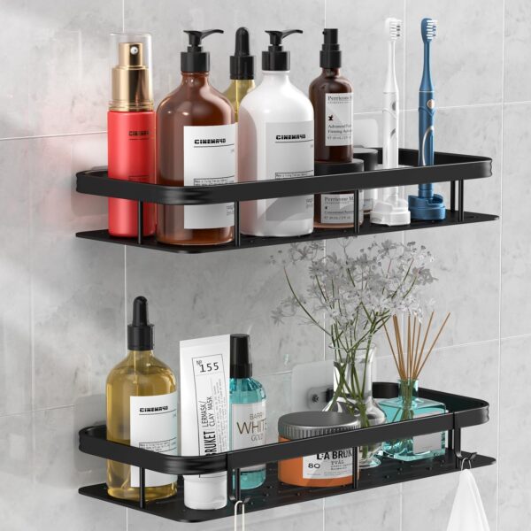 Wall Mounted Shower Caddy Shelf Organizer Rack,2 Pack 12 inch No Drilling Adhesive Shower Shelves,Bathroom Shower Organizers and Storage,Save Space With Hooks,(Black 2LBLT) 