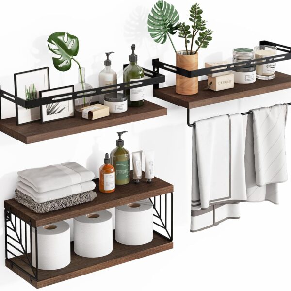 3+1 Tier Wall Mounted Bathroom Shelves Over Toilet, Rustic Wood Floating Shelves with Metal Frame and Towel Bar for Bathroom, Kitchen, Bedroom, Living Room (Dark Brown)