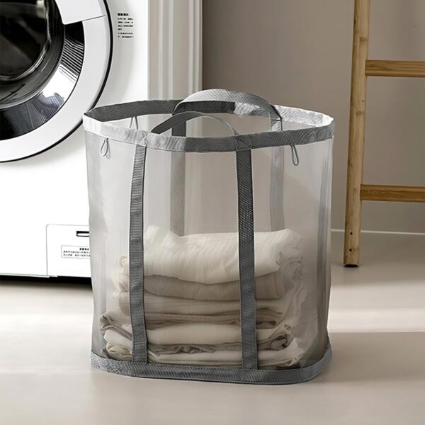 Mesh Bag with Handles, Collapsible Laundry Basket, Foldable Laundry Bag, Breathable Folding Beach Bag,Space saving Travel Tote Bags (1, Grey)