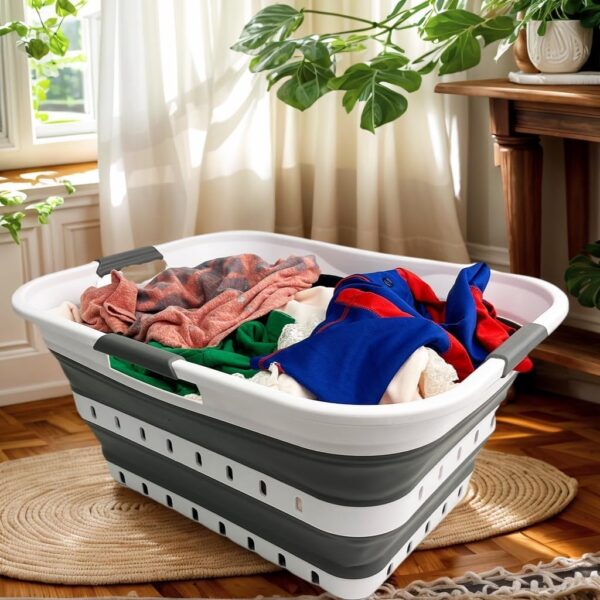 42L (11 gallon) Collapsible Plastic Laundry Basket   Foldable Pop Up Storage Container/Organizer   Space Saving Hamper/Basket (1, White/Steel Gray)