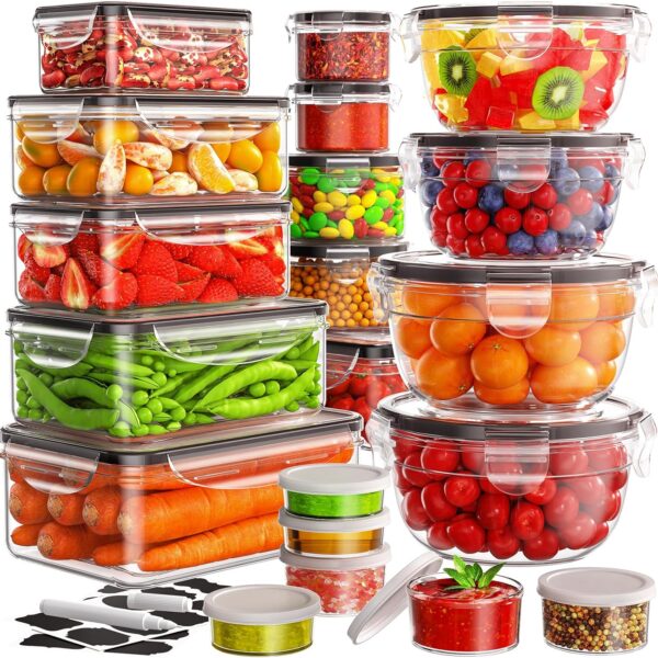 40 Piece Set: Airtight Food Storage Containers (20 Containers + 20 Lids) – Reusable Plastic; Includes Labels & Marker; Suitable for Kitchen Organization, Microwave & Dishwasher