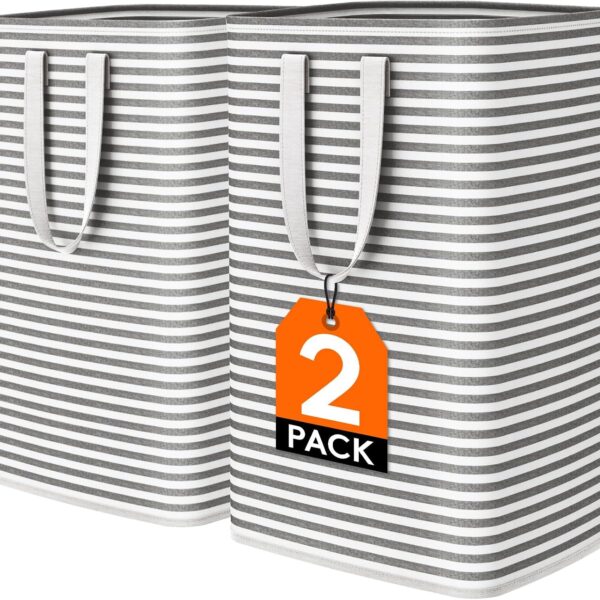 2 Pack Laundry Hamper Large Collapsible Laundry Baskets, Freestanding Waterproof Clothes Hamper with Easy Carry Handles in Laundry Room Bedroom Bathroom College Dorm for Adults, Black, 2 x 80L