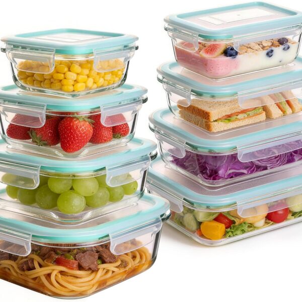 8 Piece Set: Glass Food Storage Containers with Lids – Airtight/Leak Proof Locking Lids; Microwave, Oven, Freezer & Dishwasher Safe; Capacities Ranging from 5 to 36 oz