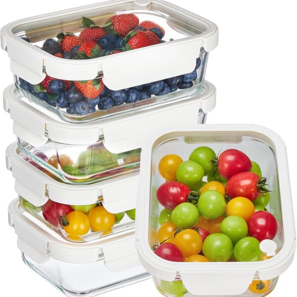 5 Piece glass food storage container set—includes glass lids with steam vents