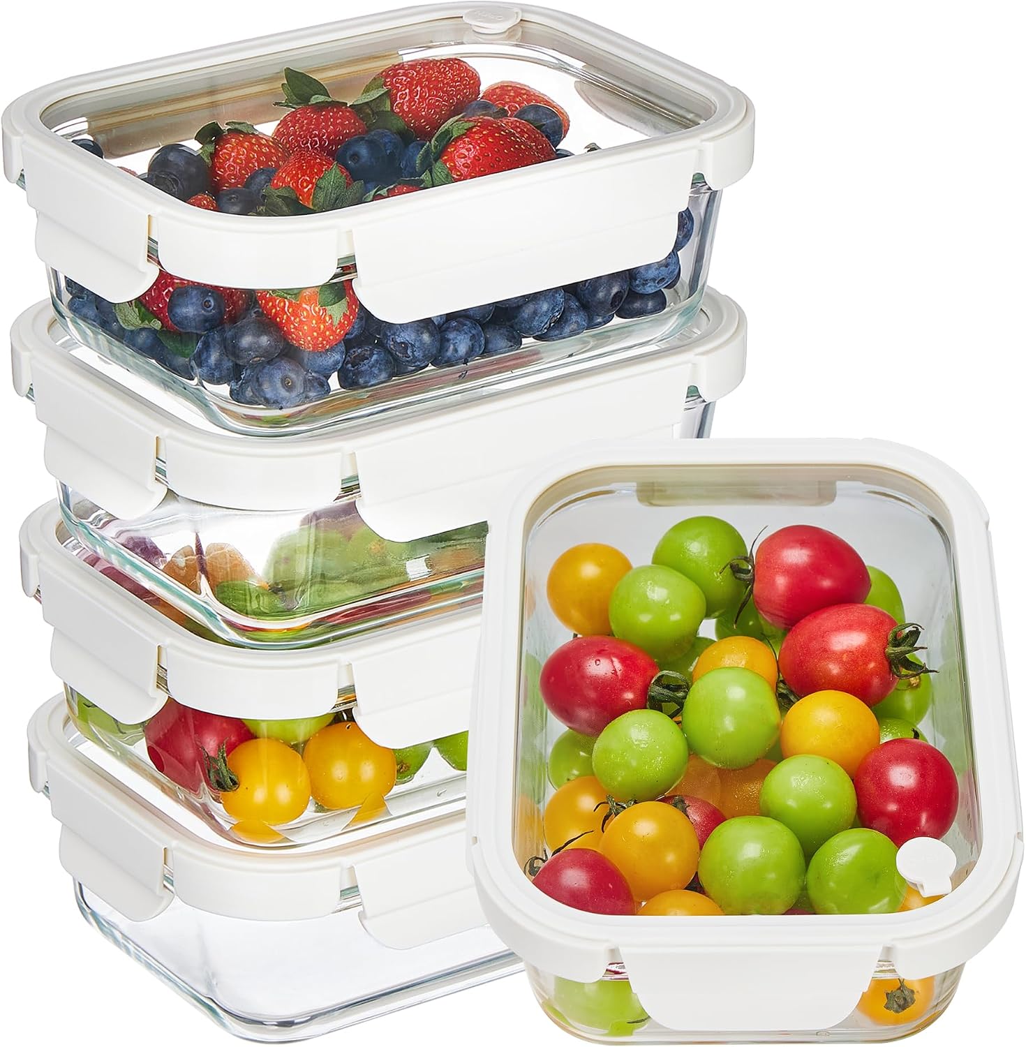 5 Piece glass food storage container set—includes glass lids with steam vents