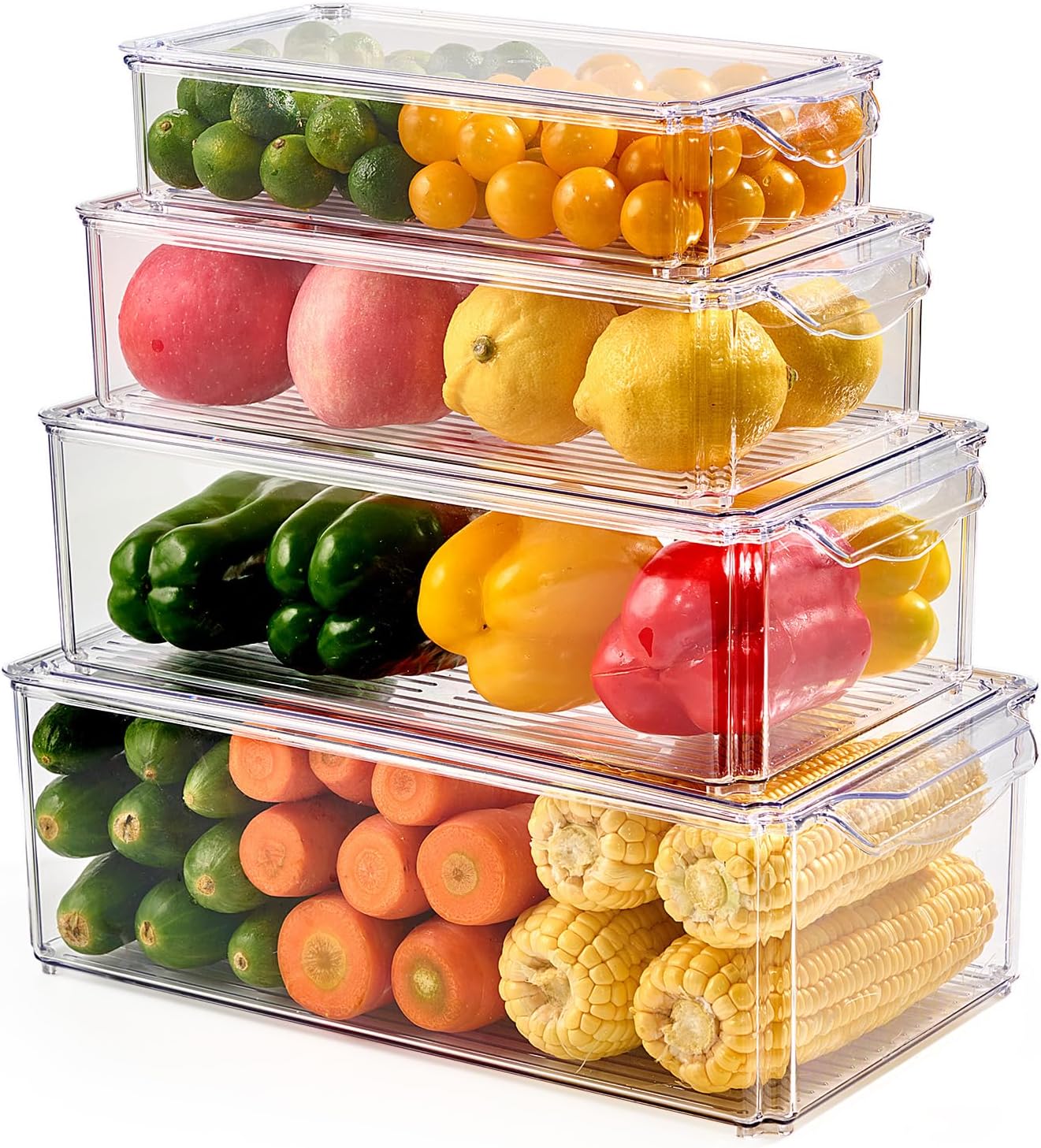4 Piece Refrigerator Storage Box Set, Transparent Refrigerator Organizer Boxes, Stackable with Lids